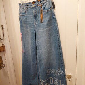 Chic Sassy Von Dutch Logo and Patch Wide Leg Denim Jeans Size 28 NWT